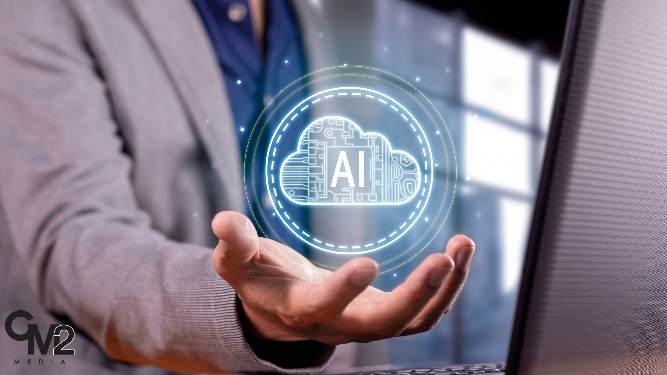 Building an social media marketing AI Tech Stack - man holding imge of AI. 