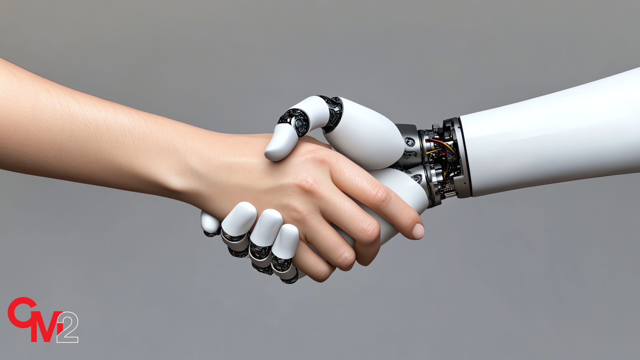 Robot hand and human hand - AI Tech stacks for social media. 