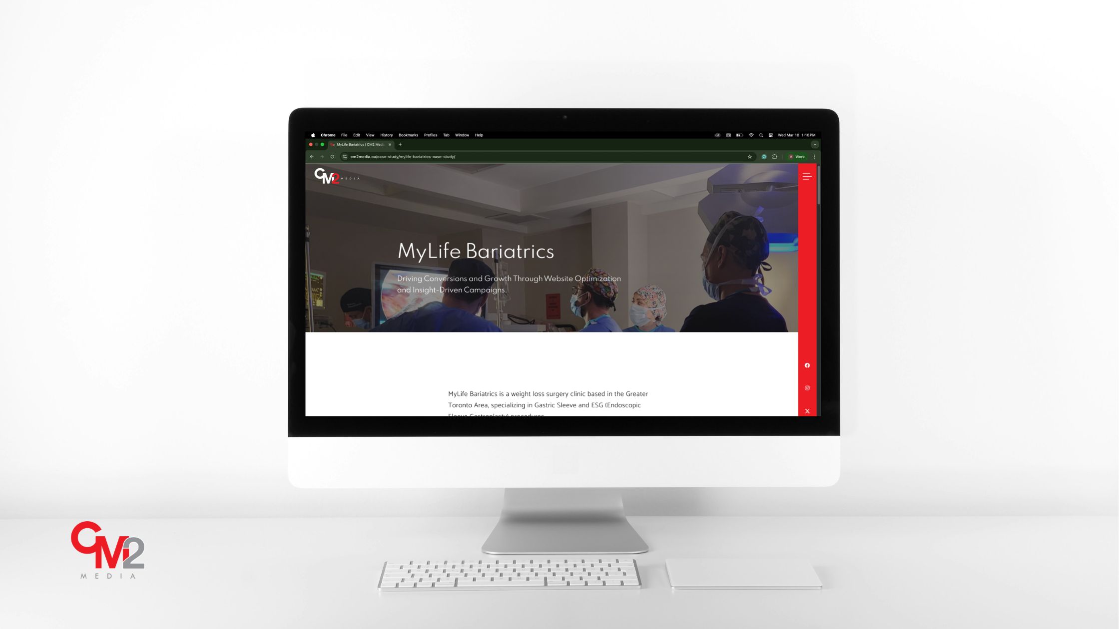 Content marketing mix and AI search - computer with MyLife Bariatrics case study from CM2 Media.