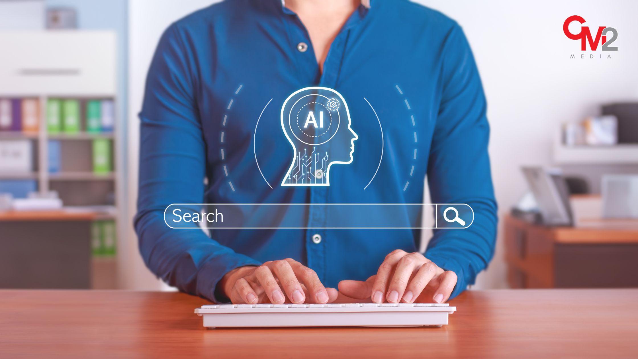 Faceless man in a blue shirt using a keyboard with an AI search bar image overlaid over his chest - how AI is changing SEO - CM2 Media.