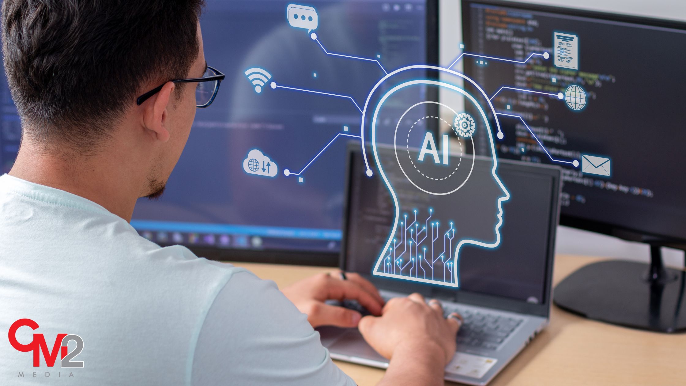 AI head symbol with faceless man using a computer - how to build an AI tech stack for your social media - CM2 Media.
