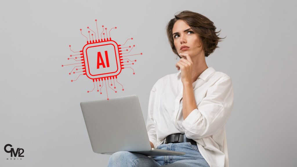 Woman using a laptop with an AI symbol coming out of it - how to use AI for content marketing with insights from CM2 Media.