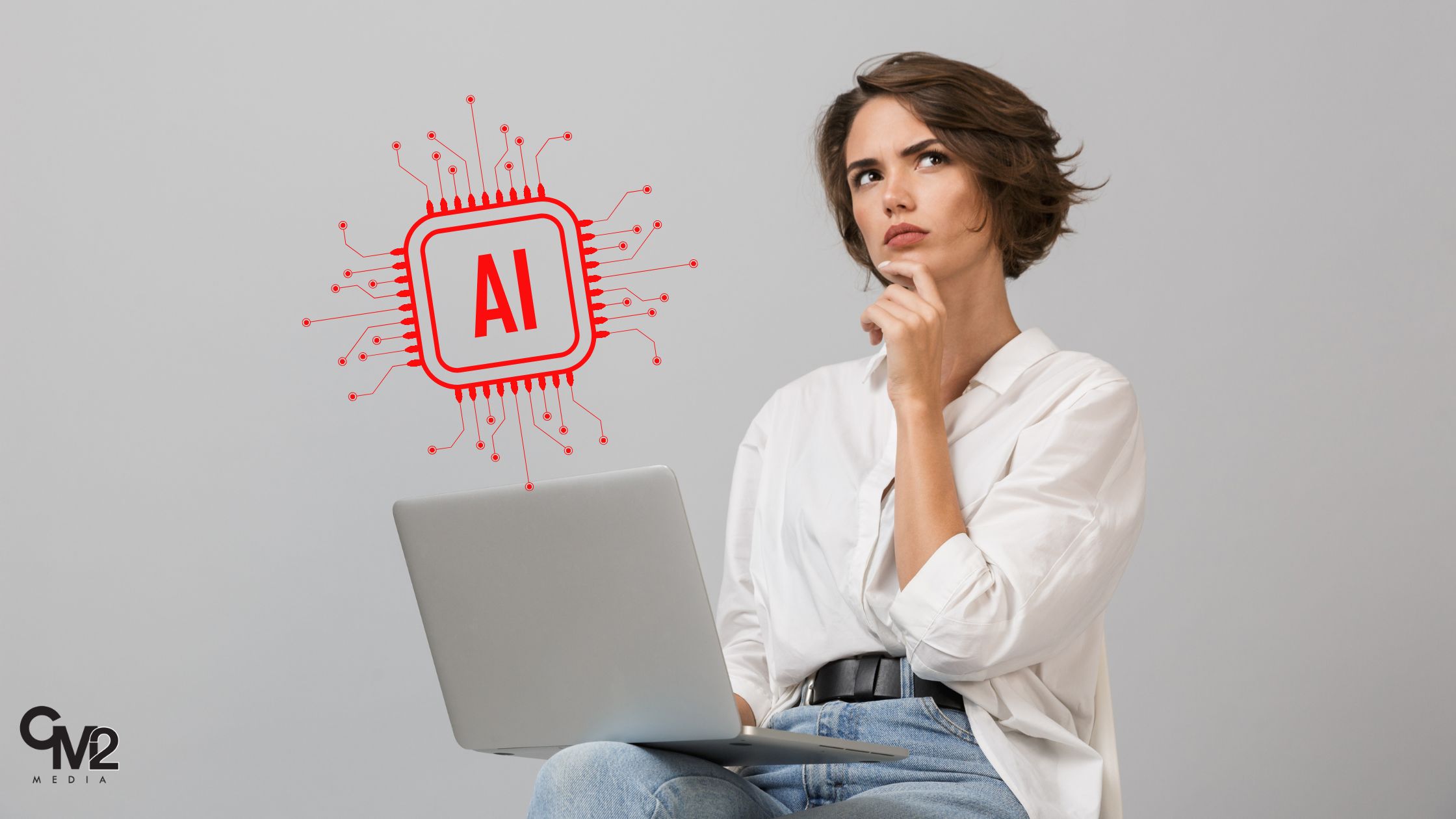Woman using a laptop with an AI symbol coming out of it - how to use AI for content marketing with insights from CM2 Media.