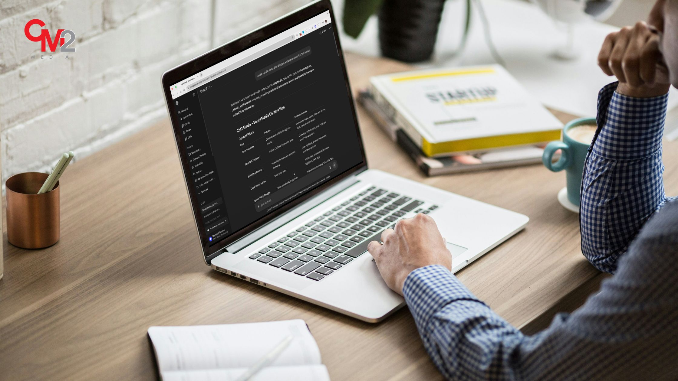 Man using ChatGPT on a laptop - how to use AI for content marketing - CM2 Media.