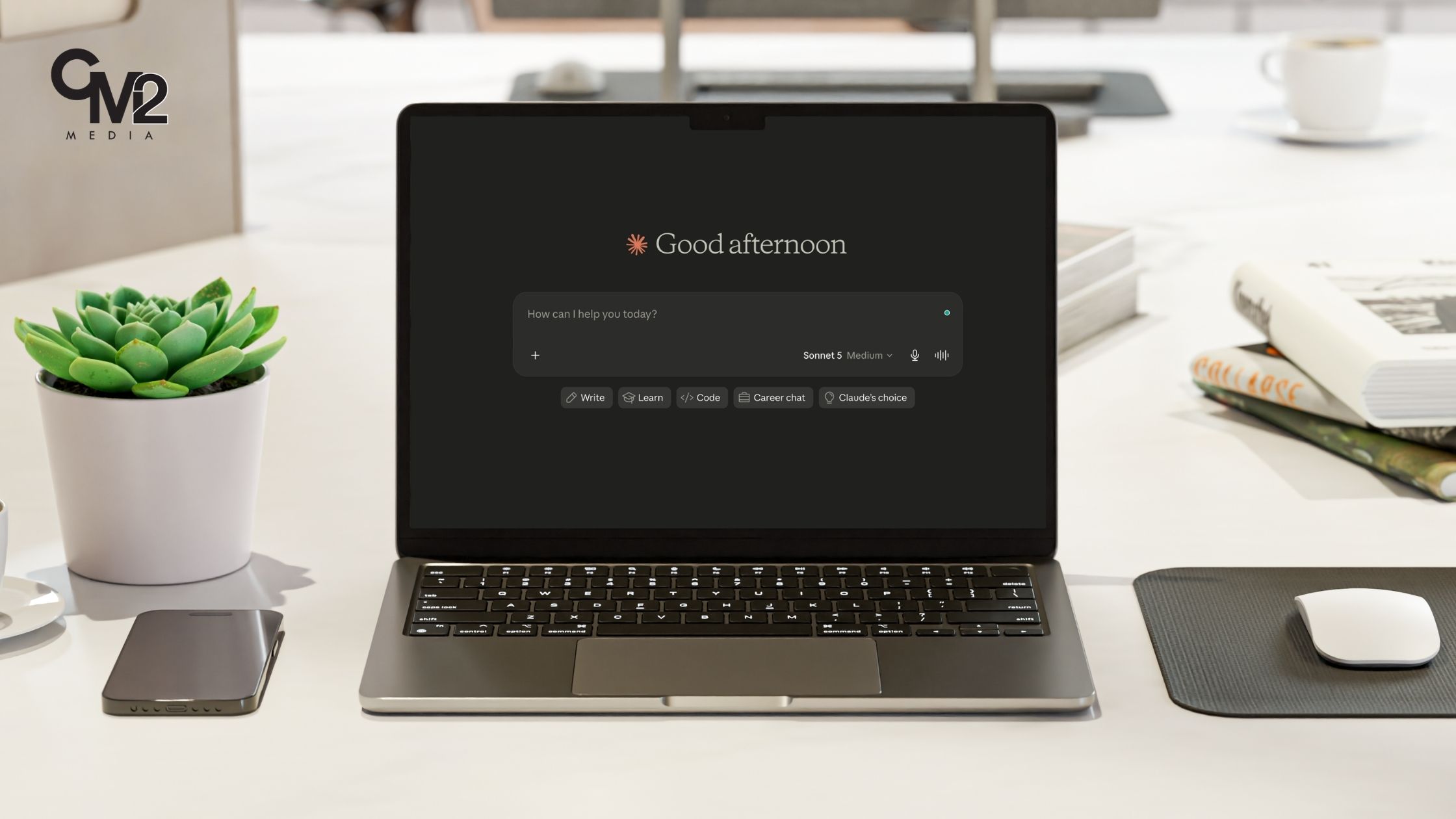 Laptop showing brand messaging in the age of AI - CM2 Media.